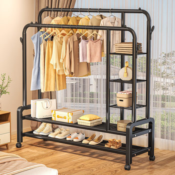 Household Multi-Layer Clothes Storage Rack Indoor Balcony Quilt Drying Rack Double Pole Clothes Hook Thickened Floor-Standing Coat Rack
