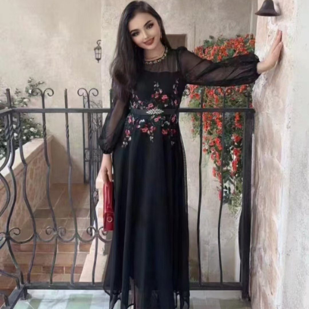 Embroidered Mesh Long Sleeve Dress Beaded Detail Elegant Style Autumn Fashion Wholesale Available
