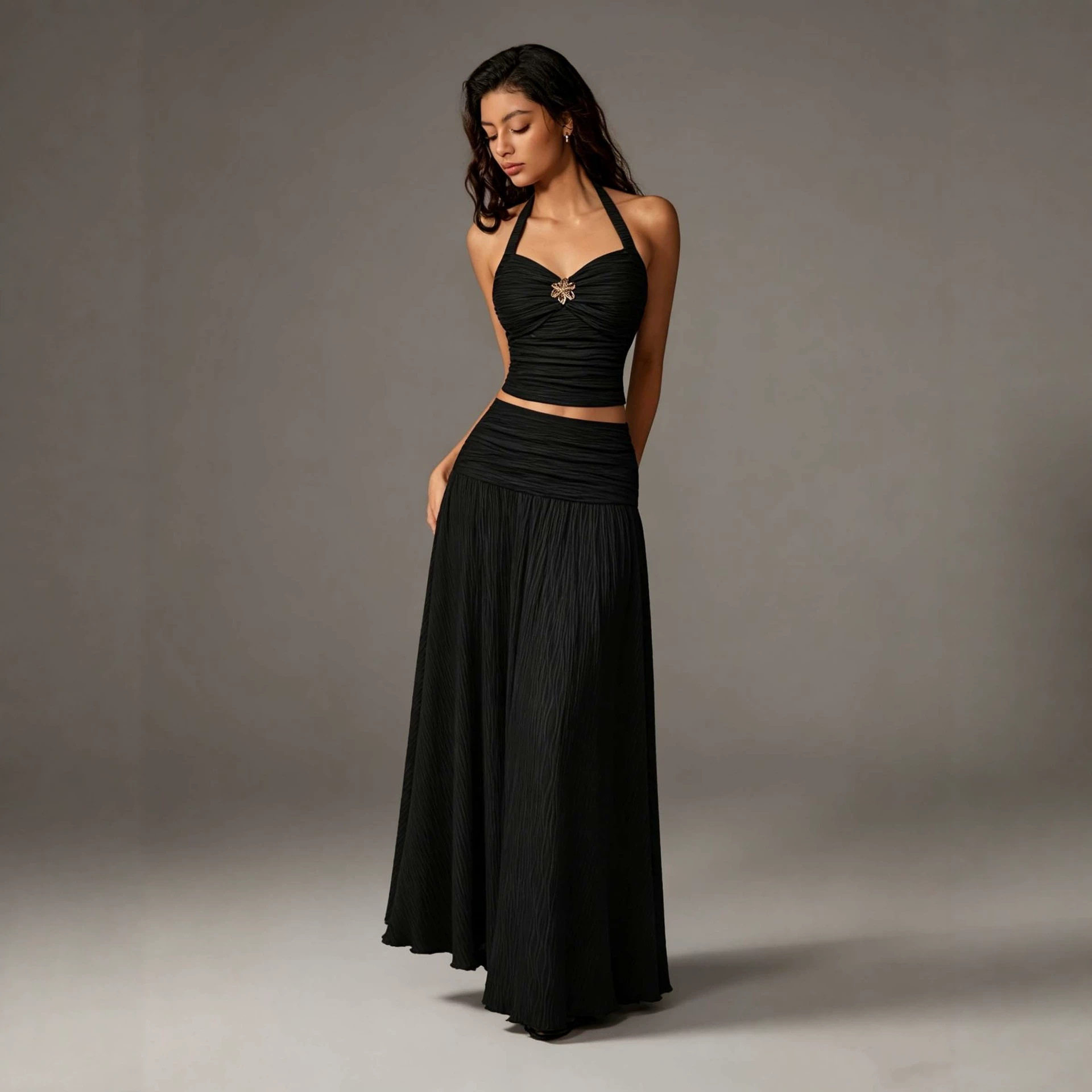 French Style Halter Neck Backless Two Piece Set Ruffled Waist Top A Line Skirt Elegant Dress for Special Occasions