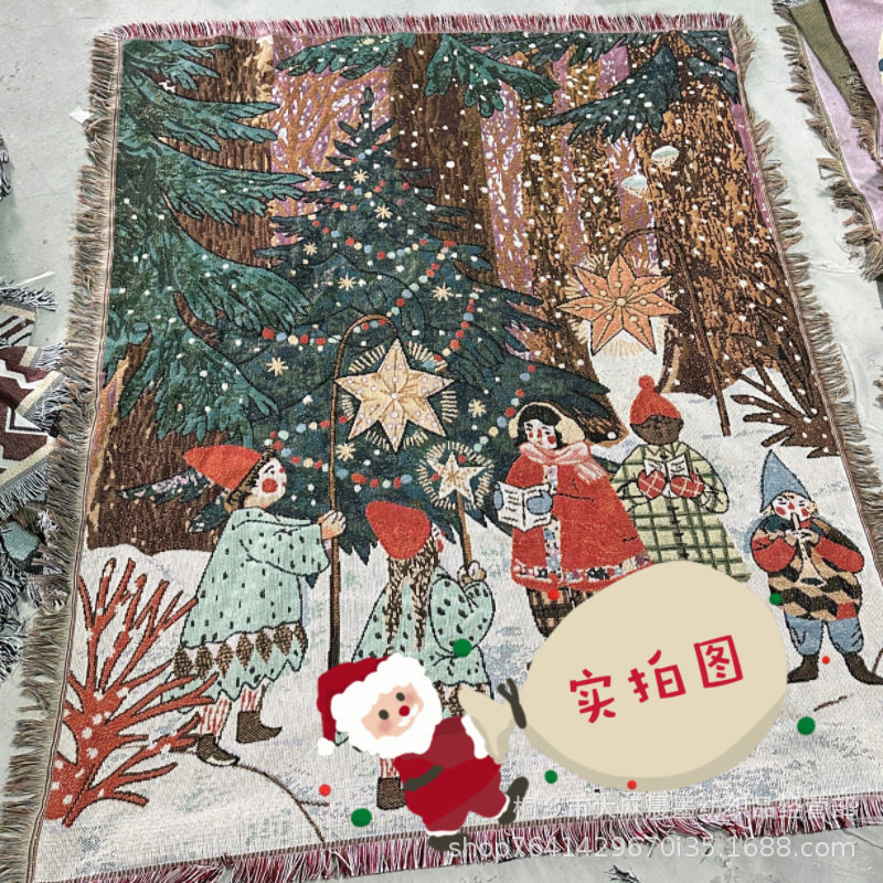 American Retro Christmas Cartoon Multifunctional Coarse Cotton Gold Thread Arrangement Decorative Leisure Blanket Textile Thread Blanket Sofa Blanket