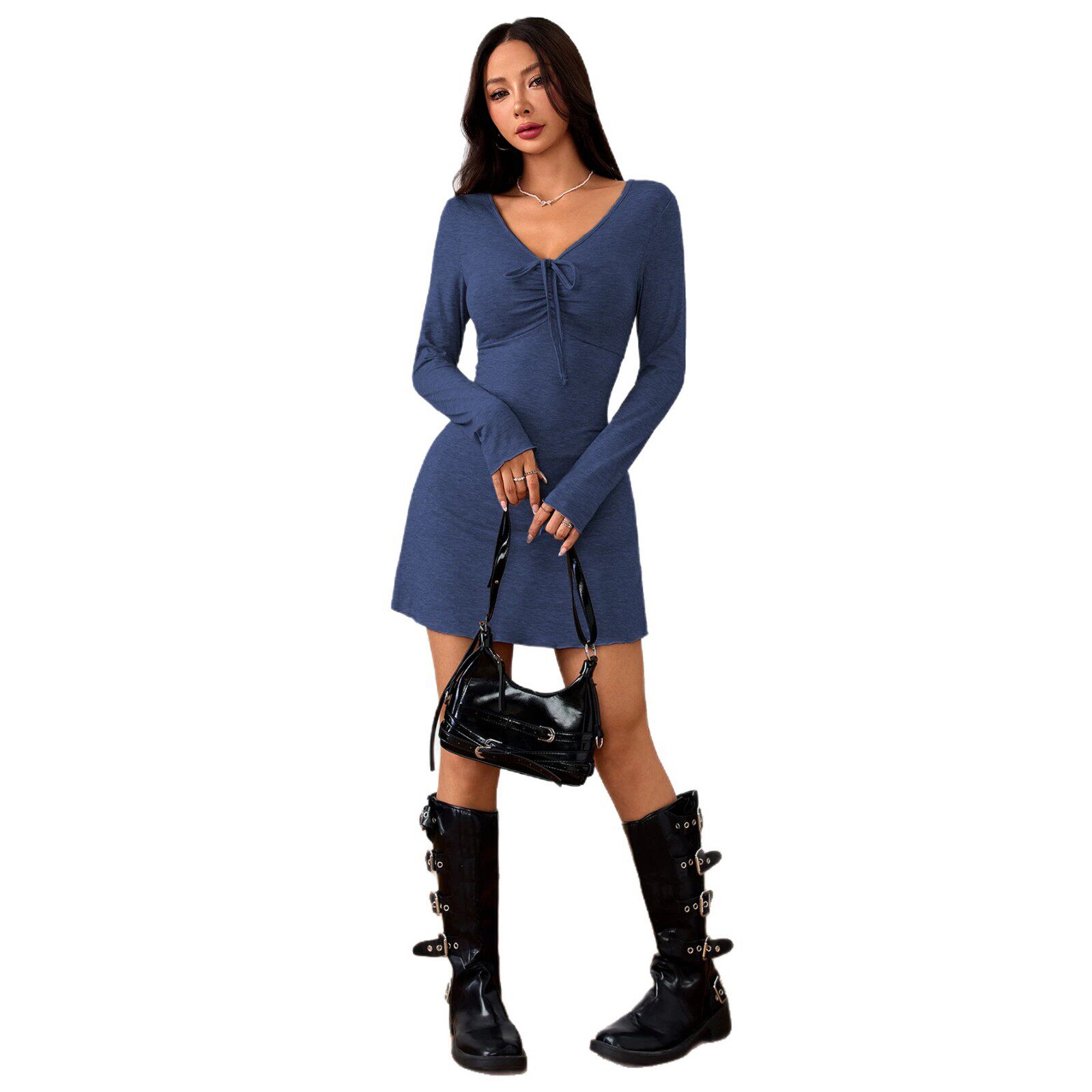 V Neck Drawstring Long Sleeve Dress Slim Fit Ruffled Short Skirt Versatile Style for Casual or Party Wear Wholesale