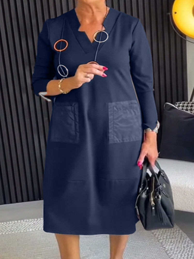 V Neck Long Sleeve Dress Slim Fit Solid Color Pocket Design Autumn Fashion for Women Wholesale Available