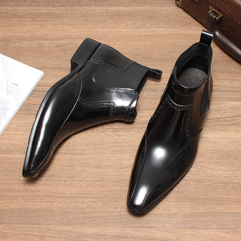 Giày Chelsea boot nam da bò mũi nhọn, cổ vừa, đế cao su — Màu đen, Màu vàng nâu