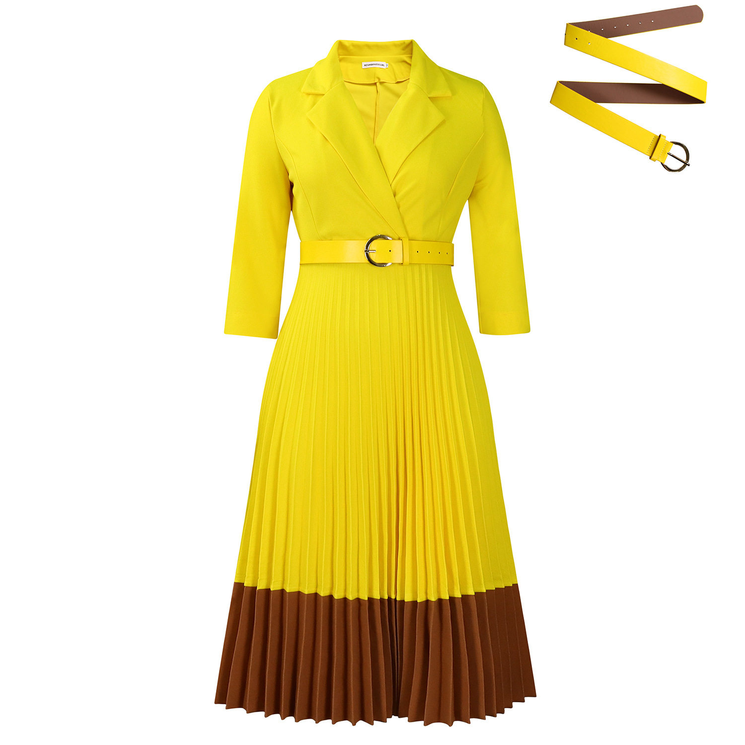 Elegant Color Block African Dress Spring Fashion Suit Collar High Waist Pleated Design Perfect for Office Wear
