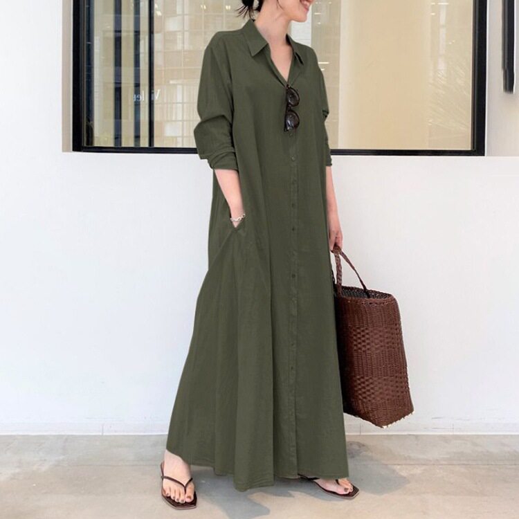 Cotton Linen Long Sleeve Shirt Dress Solid Color Pocket Design Loose Fit Casual Everyday Wear Ready to Ship