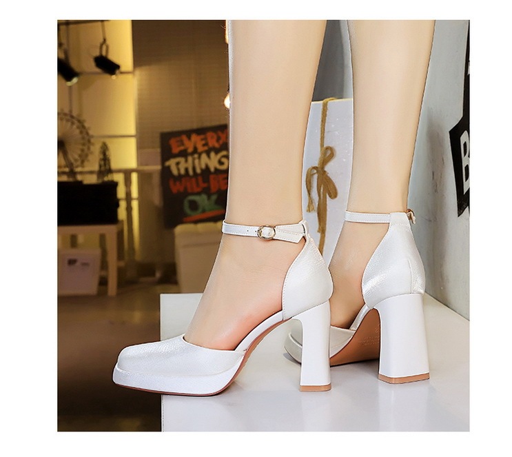 Sandal cao gót nữ quai ngang mũi vuông đế xuồng mặt satin — Màu đen, Màu đỏ rượu, Màu sâm panh, Màu trắng