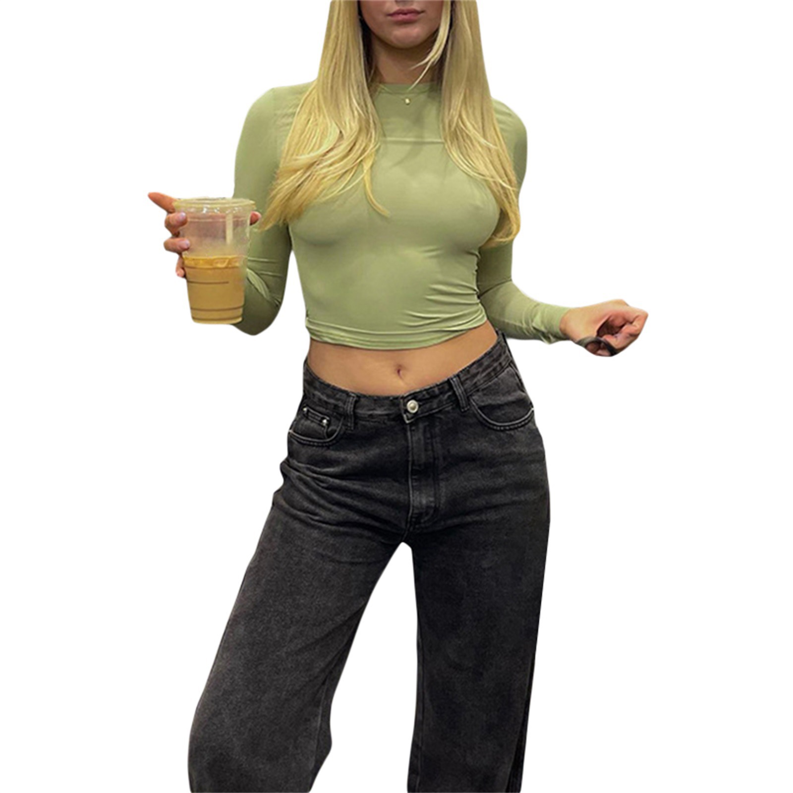 欧美女装休闲长袖t恤春秋纯色修身套头衫t恤女街装打底衫上衣