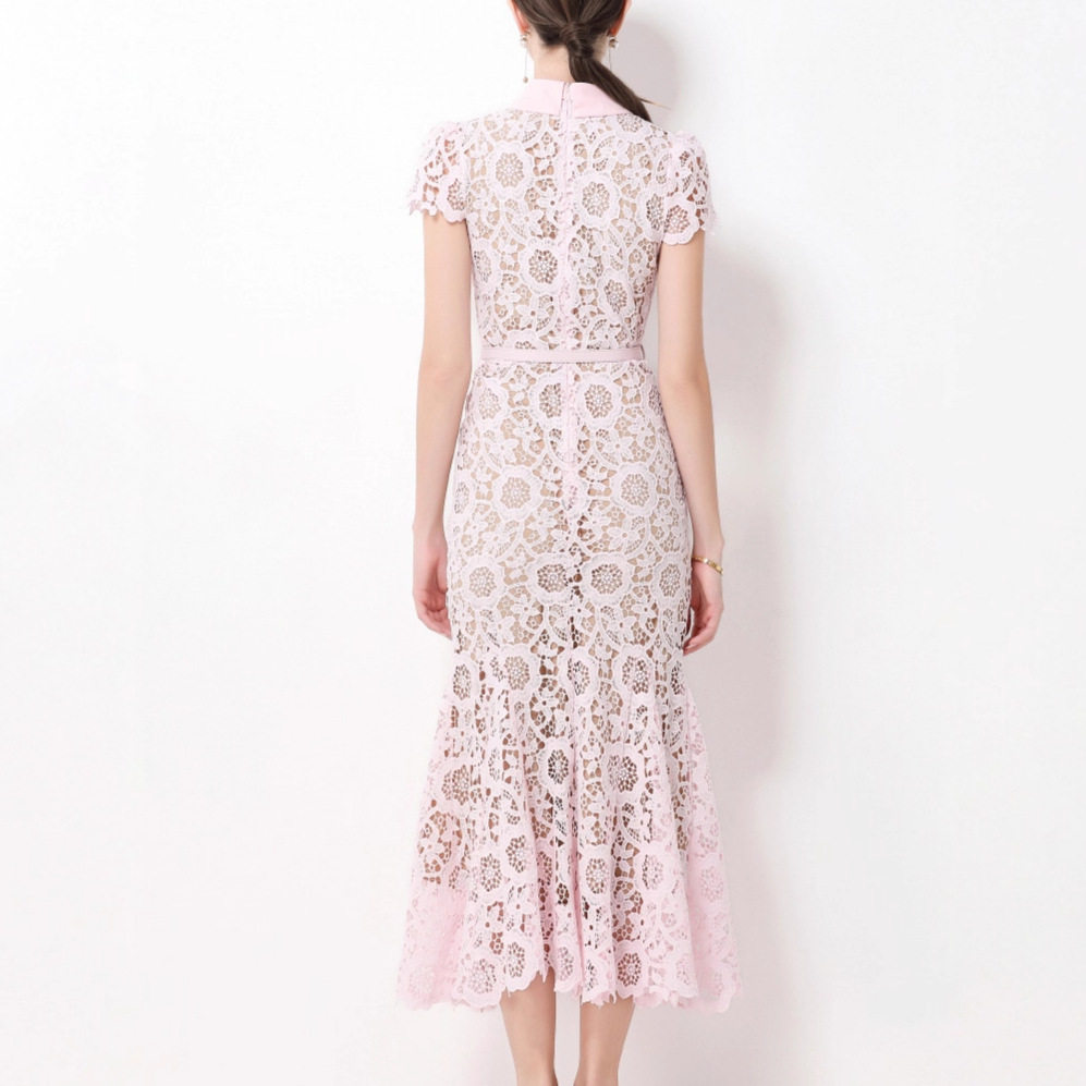 Elegant Lace Midi Dress Flattering Fit Hollow out Design Short Sleeves Perfect for Autumn Events Wholesale Available