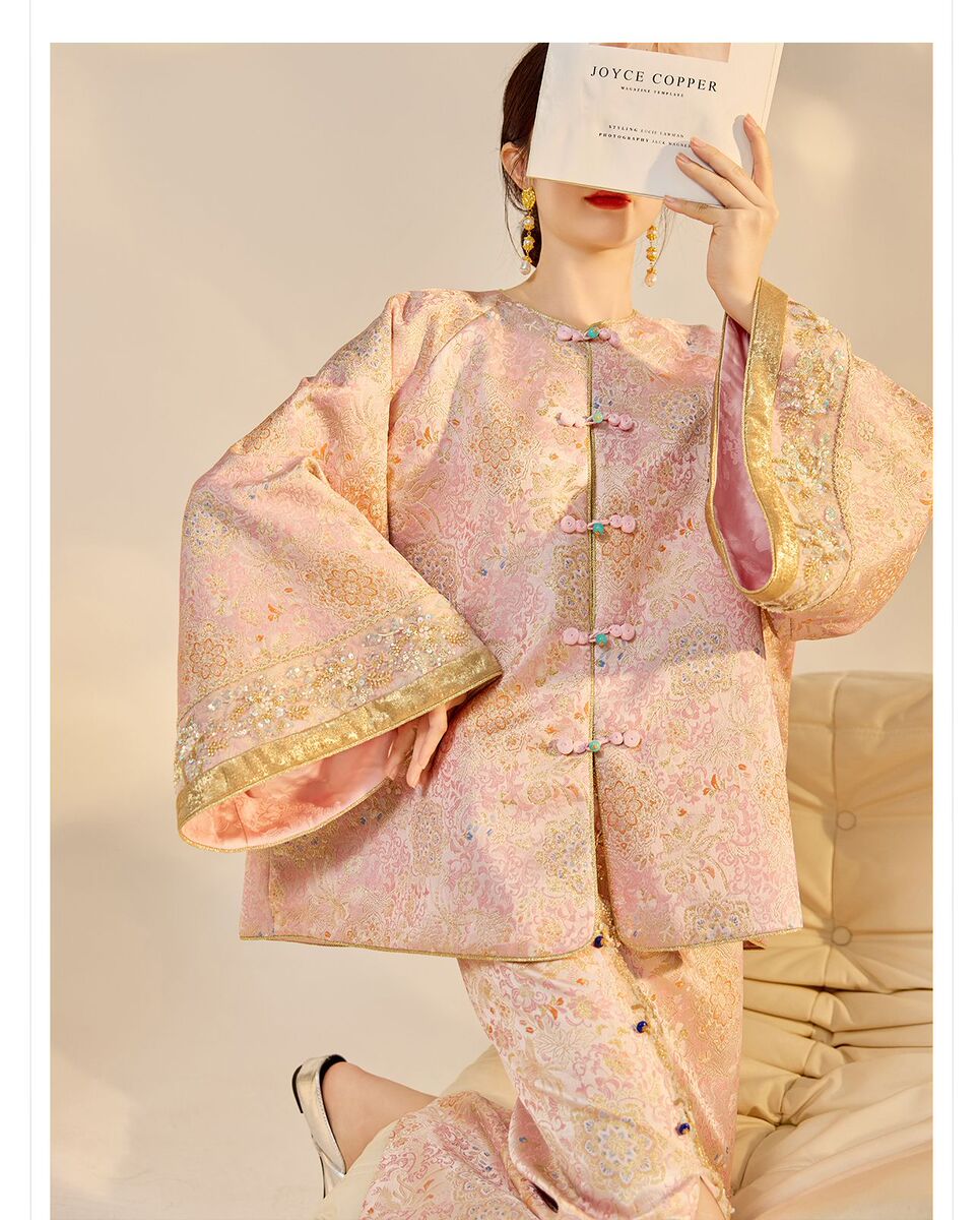 Bộ áo khoác và chân váy nữ dài tay thêu đính cườm họa tiết hoa — Váy Jacquard (giao hàng trong 7 ngày), Váy Jacquard (giao hàng trong ngày), Áo khoác Jacquard (giao hàng trong 7 ngày), Áo khoác Jacquard (giao hàng trong ngày)