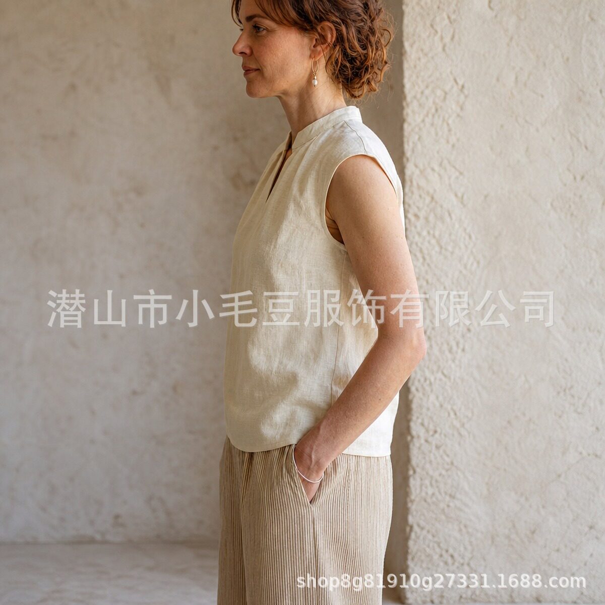 Womens Summer Sleeveless T Shirt Light Beige Linen Pleated Loose Fit Small Stand Collar Casual Style Wholesale