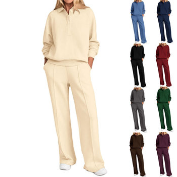 2025 Amazon Spring and Autumn New Casual V-Neck Long Sleeve Loose Top Wide Leg Pants Two-Piece Sports Suit for Women