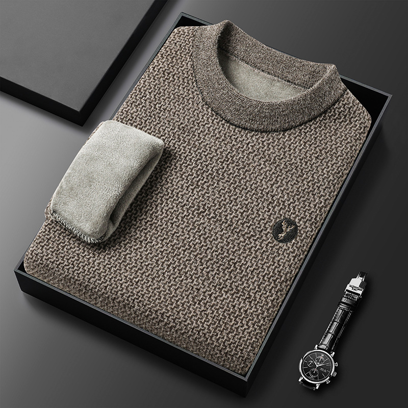 男士加绒雪貂绒针织毛衣青年男款时尚刺绣加厚保暖打底衫上衣男