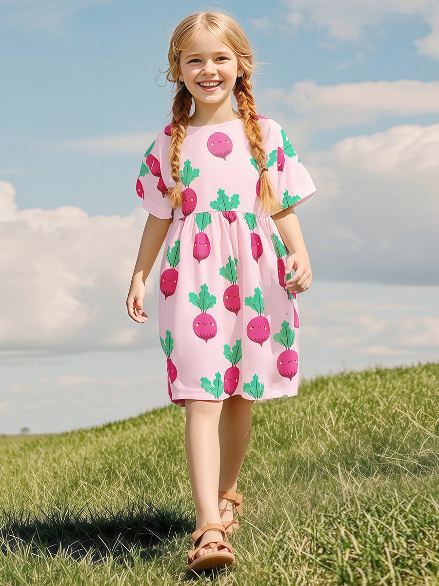 Girls' Summer Cotton Short-Sleeve Dress, Cute Radish Print Kids' Dress