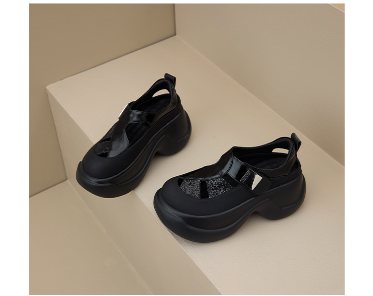 Giày sandal nữ gót cao 8cm đế dày đính đá, mũi tròn bít da bò khoét lỗ — Màu bạc, Màu đen, Màu trắng be