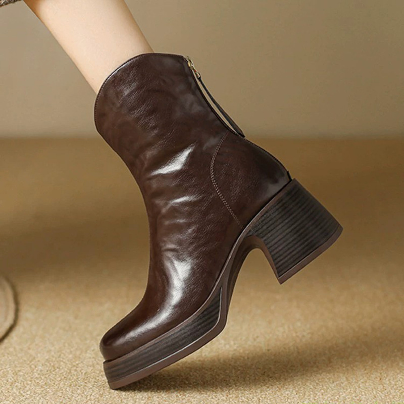 Boot nữ cổ thấp gót thô phong cách thời trang thanh lịch — Màu đen, Màu nâu