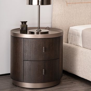 Italian Normcore Smoked Color Bedside Table Solid Wood Round Bedside Table 40cm Small Apartment Bedroom Cabinet Ultra-Narrow Chest of Drawers