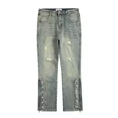 2025 New High Street Trendy Ripped Button-Zipper Jeans for Men, Fashionable Loose Retro Washed Long Pants