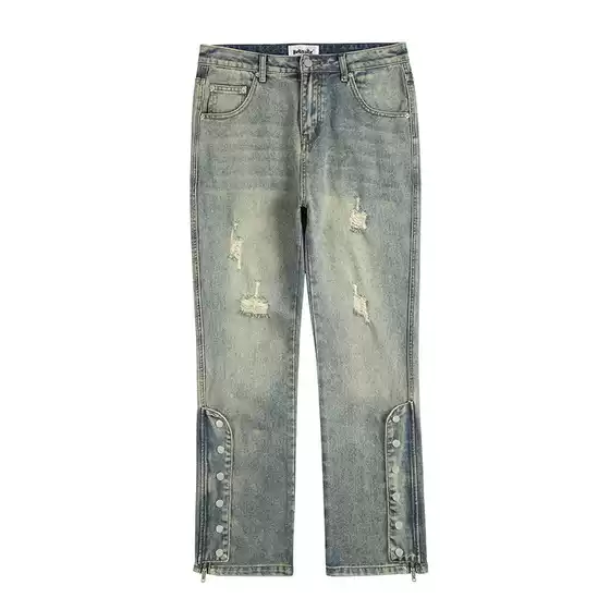 2025 New High Street Trendy Ripped Button-Zipper Jeans for Men, Fashionable Loose Retro Washed Long Pants