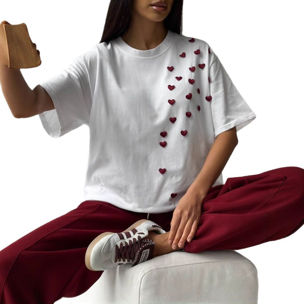 Womens Casual 3D Heart Print T Shirt Short Sleeve Round Neck Stylish Design Spring Summer Fashion Wholesale
