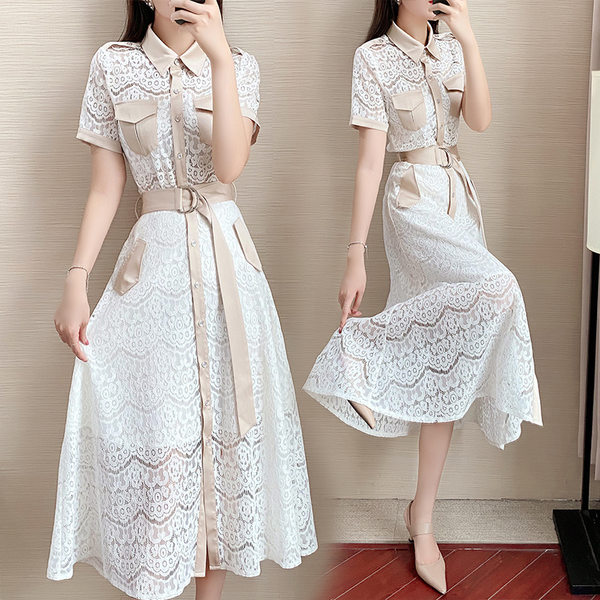 Set Áo Ren Tay Ngắn và Chân Váy Midi Phong Cách Hepburn Thanh Lịch Màu Trắng, Kem