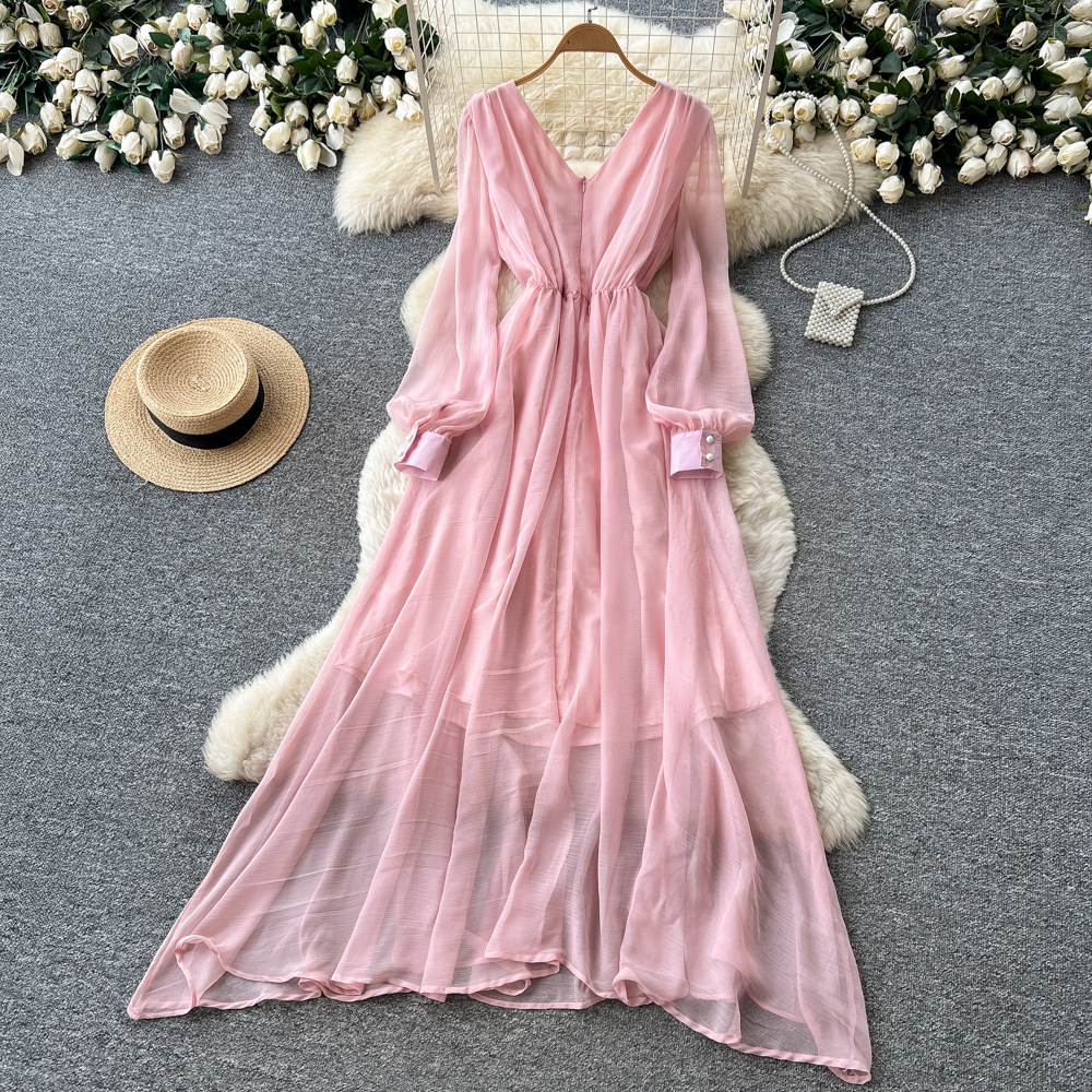 V Neck Lantern Sleeve Elegant Long Dress for Women with Waist Detail and Rhinestones in Red for Formal Occasions Wholesale
