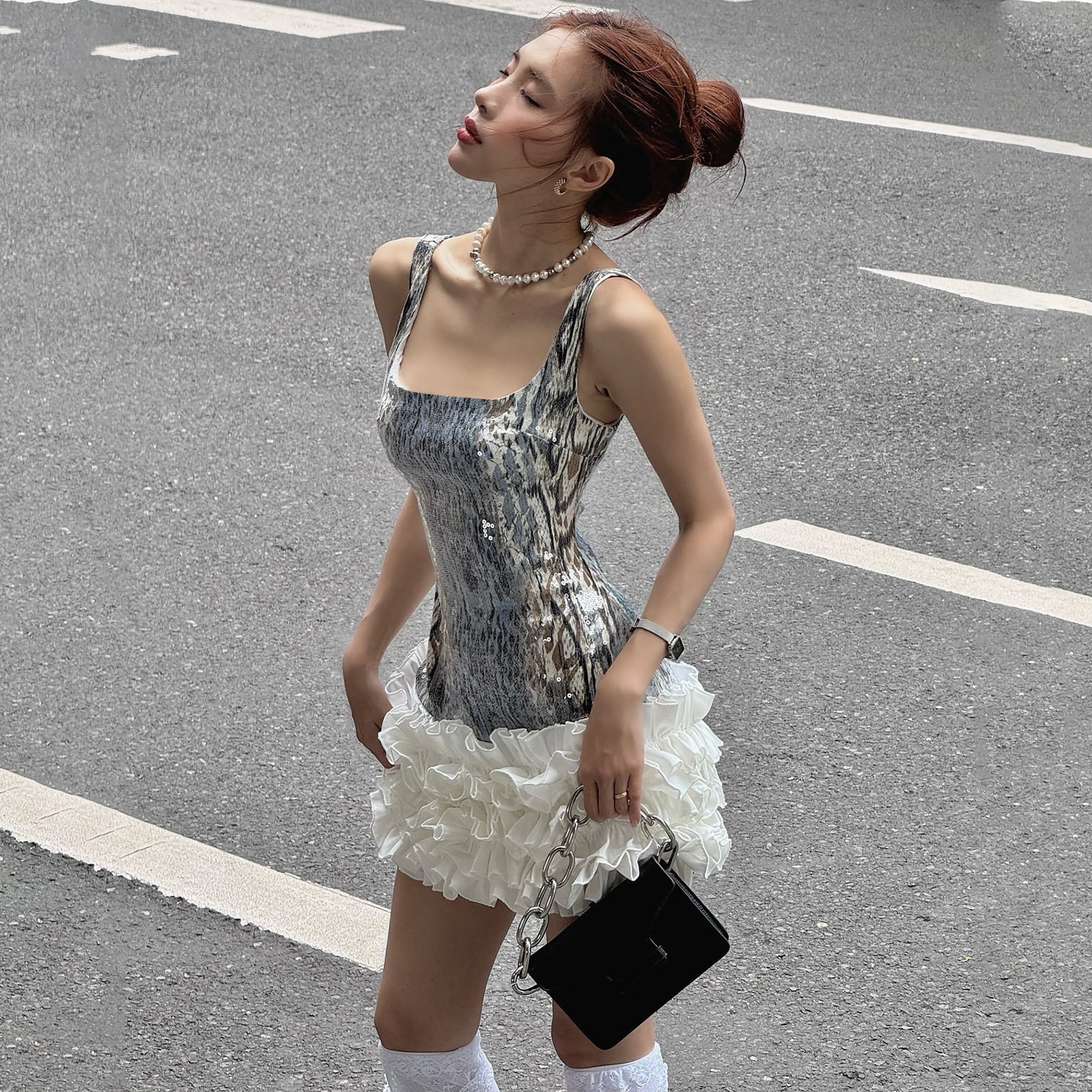 Sequin Graffiti Cake Dress Sexy U Neck Flared Silhouette Autumn Fashion Wholesale Womens Apparel