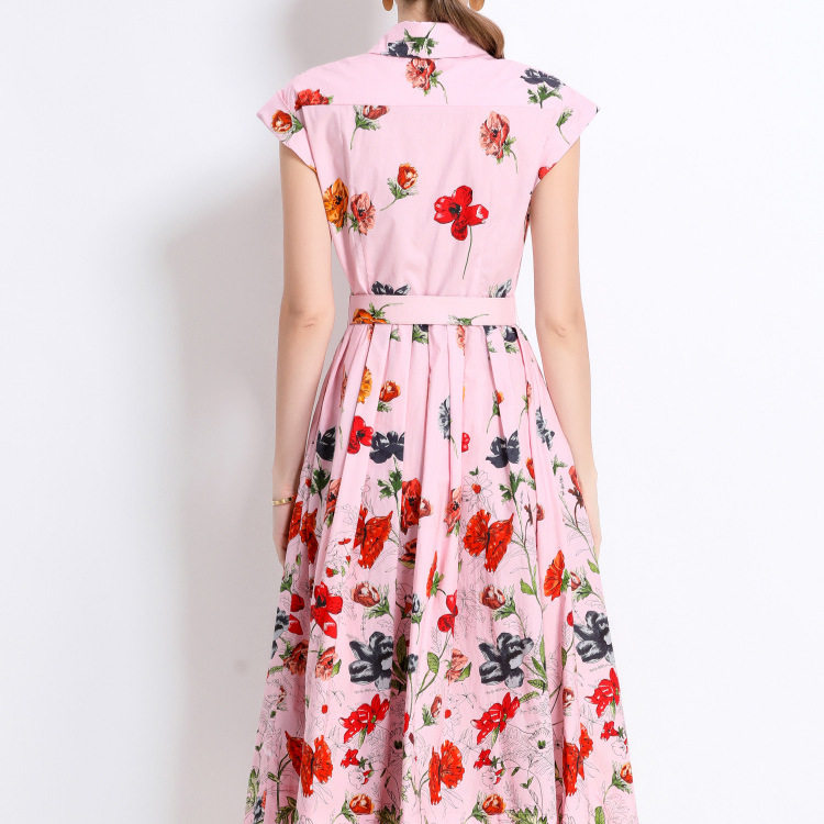 French Style Short Sleeve Polo Dress Waist Defining Flowy A Line Floral Print Summer Elegance for Women Wholesale