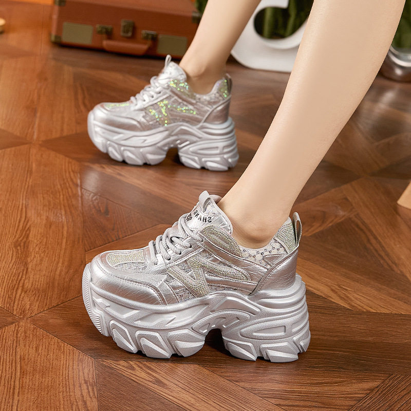 Giày sneaker nữ đế dày chunky phong cách thể thao, tăng chiều cao, đế cao 8 cm — Trắng, Bạc
