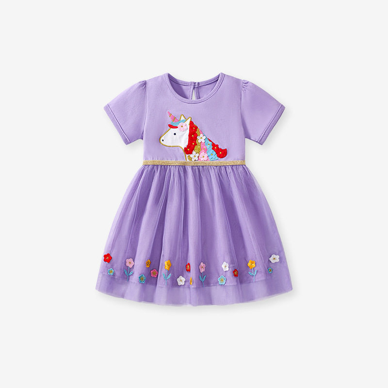 Kids' Summer Short-Sleeve Mesh Princess Dress, Cute Cotton Dress