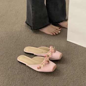 Half Slippers 2024 New Flats Toe Slippers Fairy Style Flats Outer Wear Sandals Pink Mule Women's Shoes