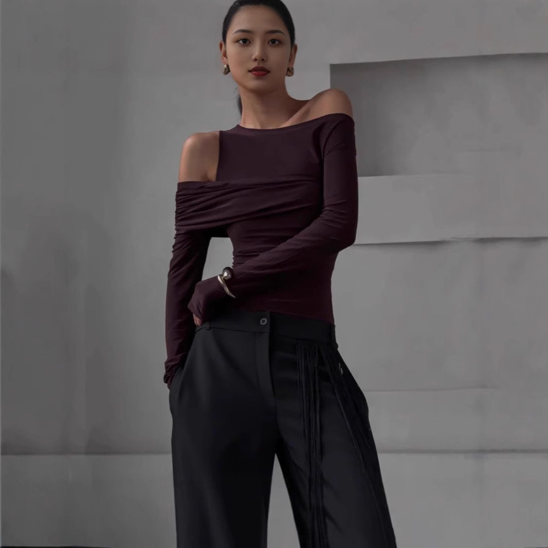 Slim Fit Long Sleeve Knit Top Solid Color Asymmetrical Neckline Versatile Style Spring Womens Fashion Wholesale