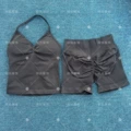Black v-neck vest shorts suit