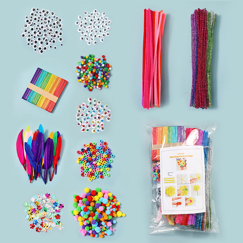 ชุดวัสดุงานฝีมือ DIY 6-in-1: ลูกบอลขนปุย ตาเคลื่อนไหว ขนนก หลอดไอศกรีม และอุปกรณ์งานฝีมืออื่น ๆ