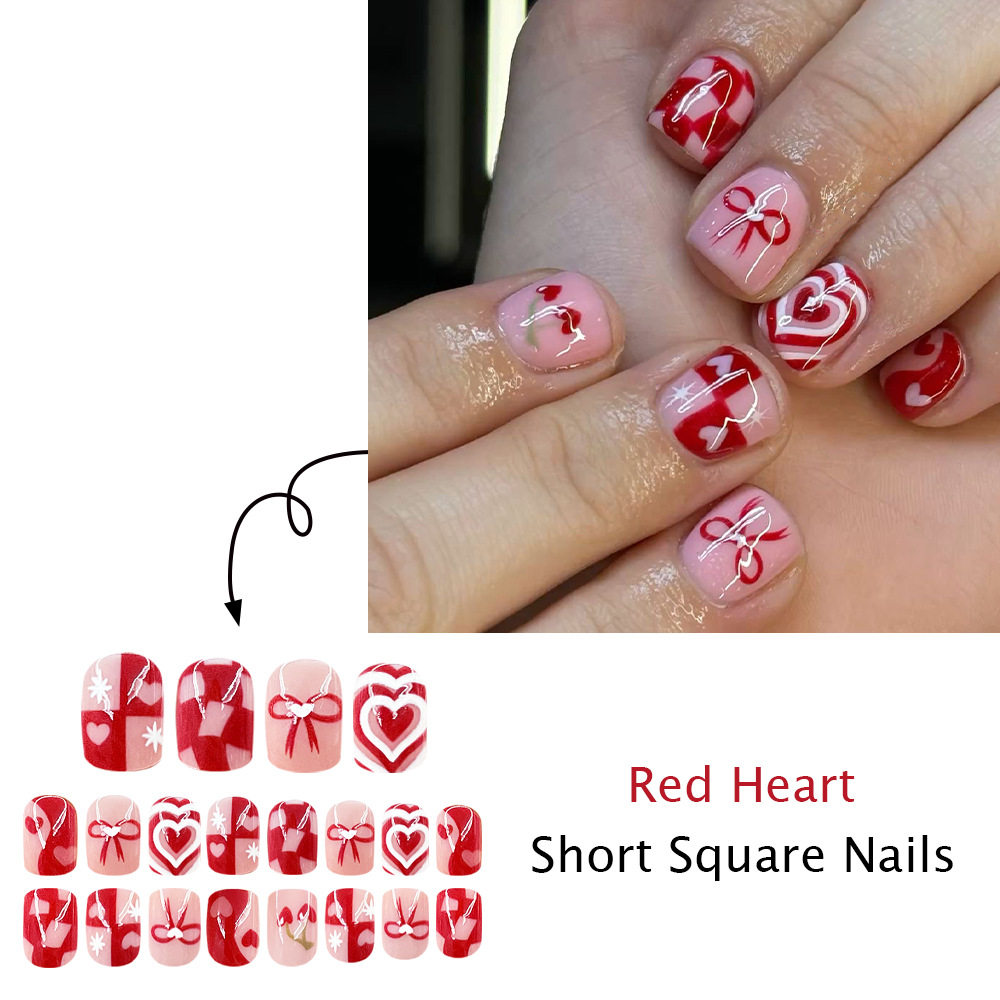 24 Pieces of Short Square Nails, Red and Pink Girly Multi-Layered Heart Bows, Heart Cherry Wearable Nails, Export Nail Art Pieces