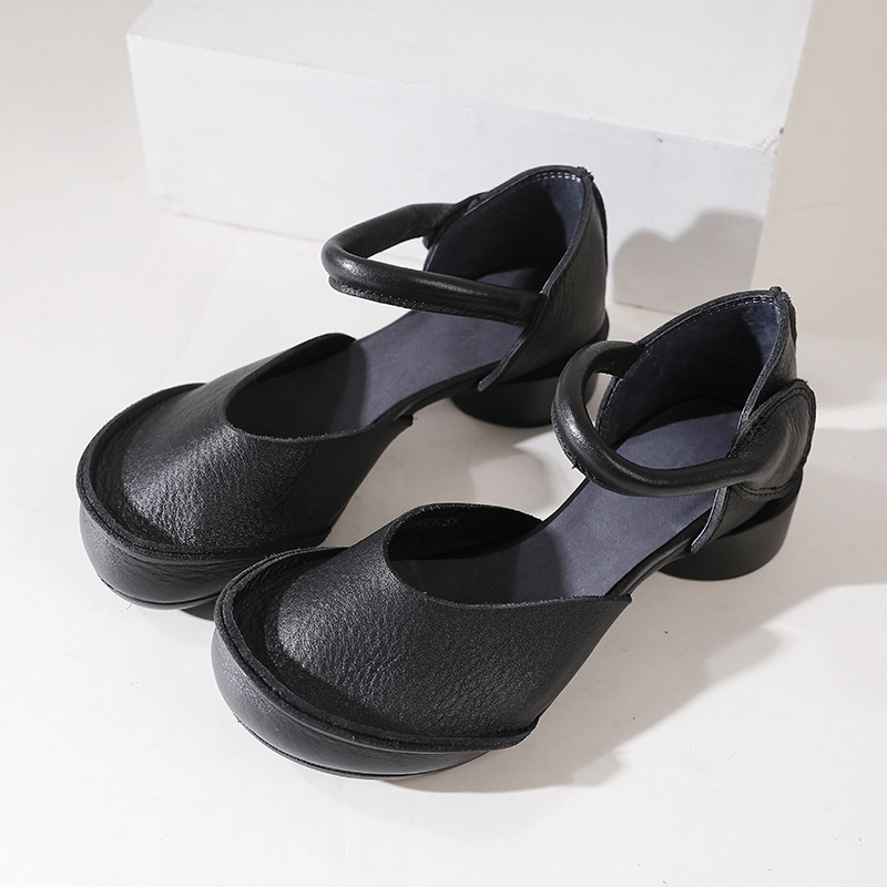Giày sandal nữ quai ngang gót thô bọc mũi bằng da bò thật, đế mềm thủ công — Màu đen, Màu nâu