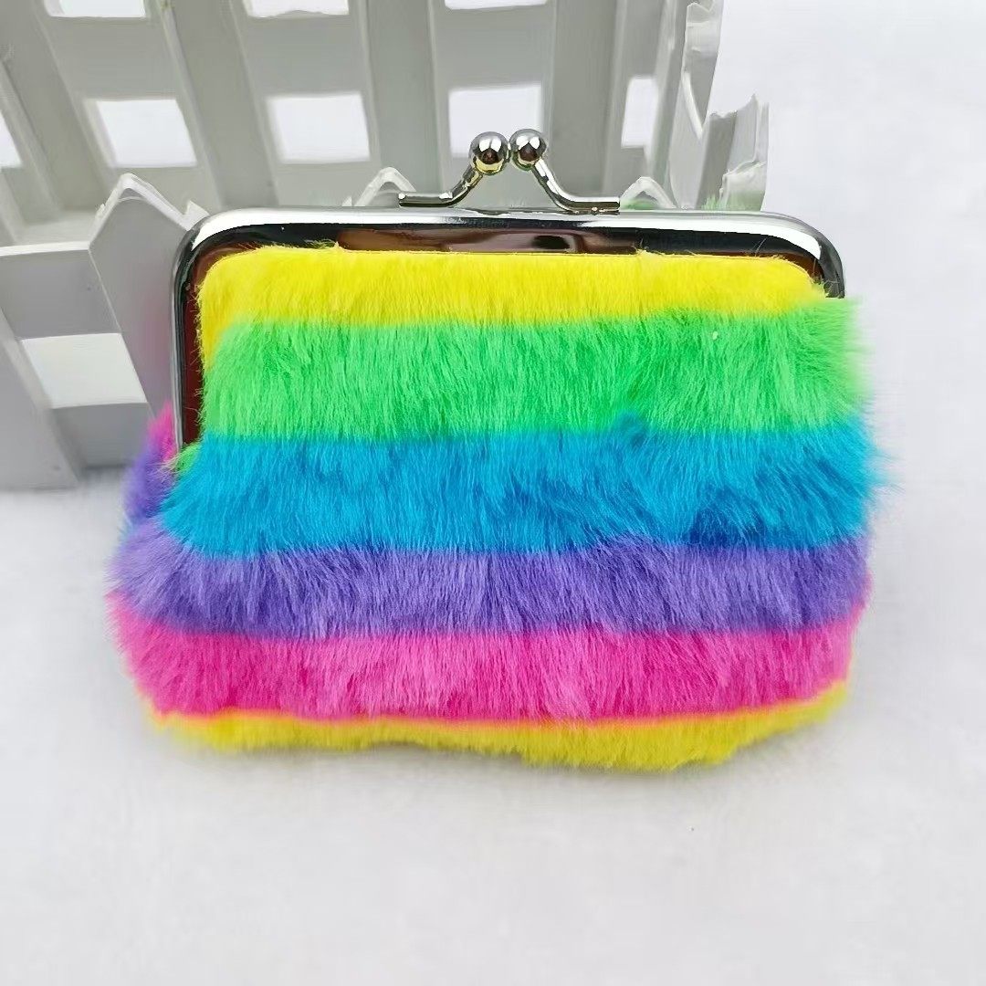 New Stripesd Plush Coin Purse, 4inch Rainbow Bank Card Storage Bag, Small Gift Key Bag