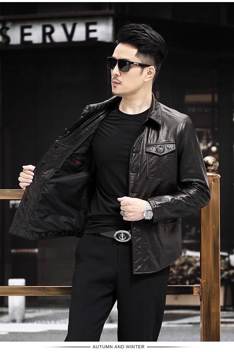 Áo khoác da bò thật dáng jacket biker nam cổ ve áo, nhiều túi khóa kéo — đen