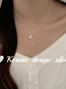 韩国春夏新款ins风银饰 S925纯银绿松石珍珠水滴流苏项链级感女