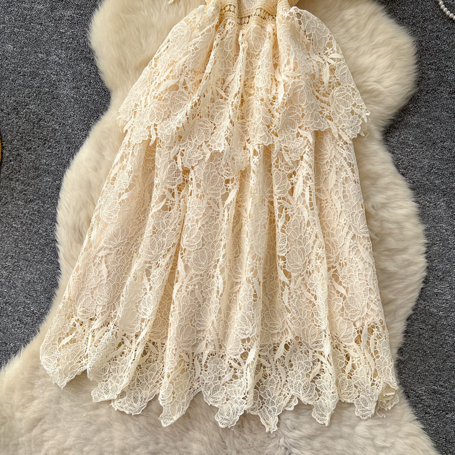 Vintage Short Sleeve Dress for Women Hollow Out Lace Design Waist Defined Elegant Style Perfect for Summer Events