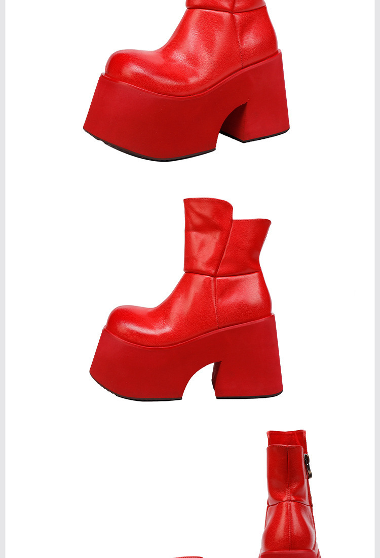 Boot nữ cổ thấp da bò thật đế dày tăng chiều cao, mũi tròn phối khóa kéo bên hông — màu đen, màu đỏ