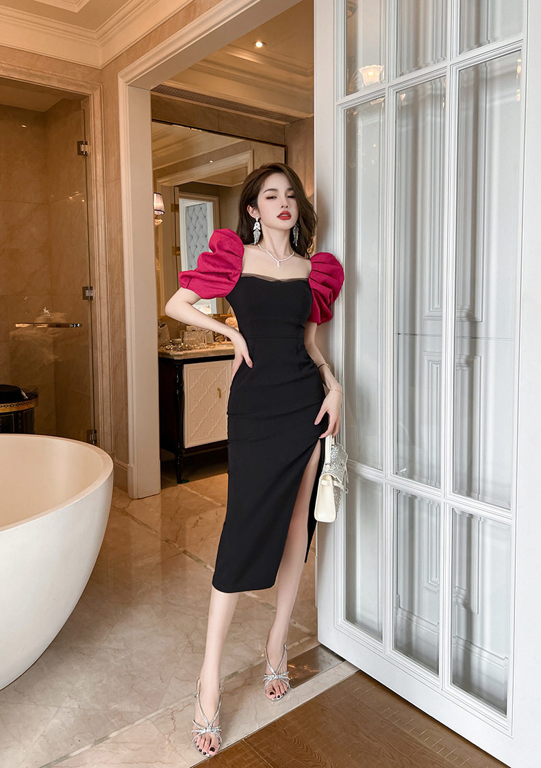 Đầm ôm body nữ phong cách Pháp cổ vuông tay bồng — [Đen] chi tiết 15