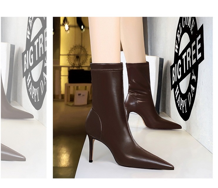 Boot nữ cổ thấp mũi nhọn gót nhọn cao 7.5cm phong cách thanh lịch — Màu đen lót một lớp, Màu đen lót nhung, Màu Kaki lót nhung, Màu Kaki một lớp lót trong