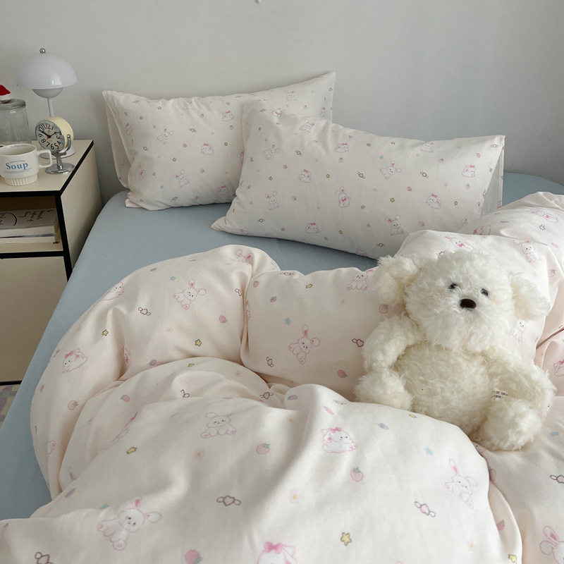 Small Fresh Girly Heart Cute Dog Double-Layer Gauze Quilt Cover Pure Cotton Type a 4-Piece Dormitory Three-Piece Set