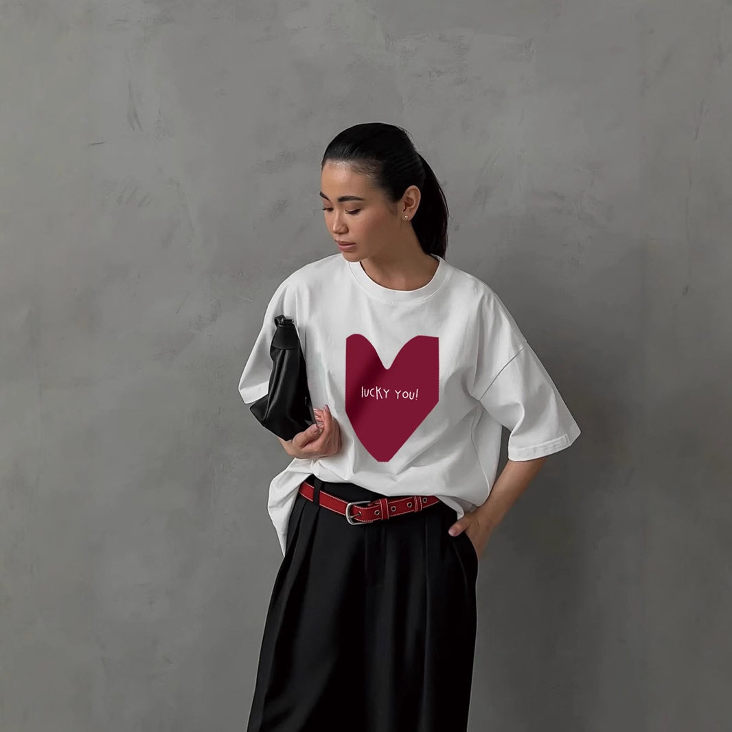 Womens Summer Heart Print T Shirt Casual Loose Fit Round Neck Short Sleeve 100 Cotton Versatile Everyday Wear