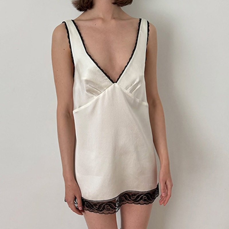 Loose Casual Fashion Womens Lace Trimmed V Neck Sleeveless Satin Home Dress Summer Short Skirt Wholesale Available