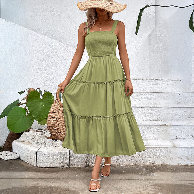 Casual Summer Dress Solid Color Adjustable Straps Waist Tie Design Beach Vacation Essential Wholesale Available