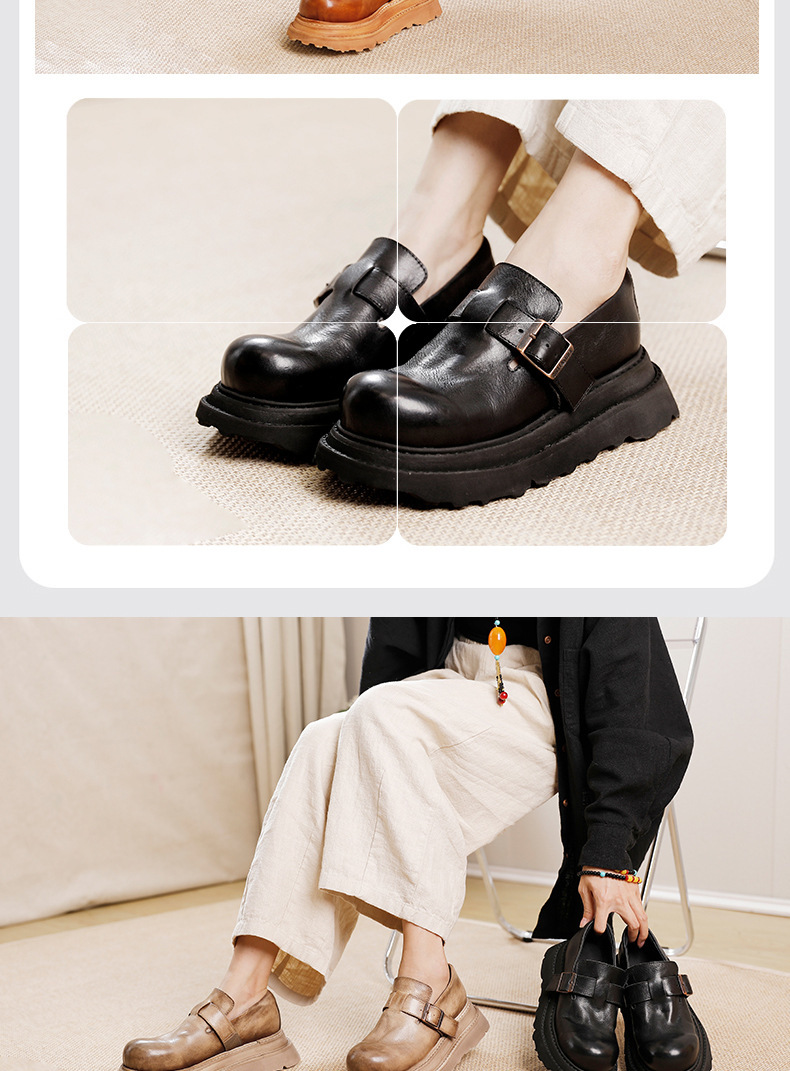 Giày lười nữ da bò thật dạng sục gót thấp đế dày — Màu caramel, Màu đen, Màu Kaki
