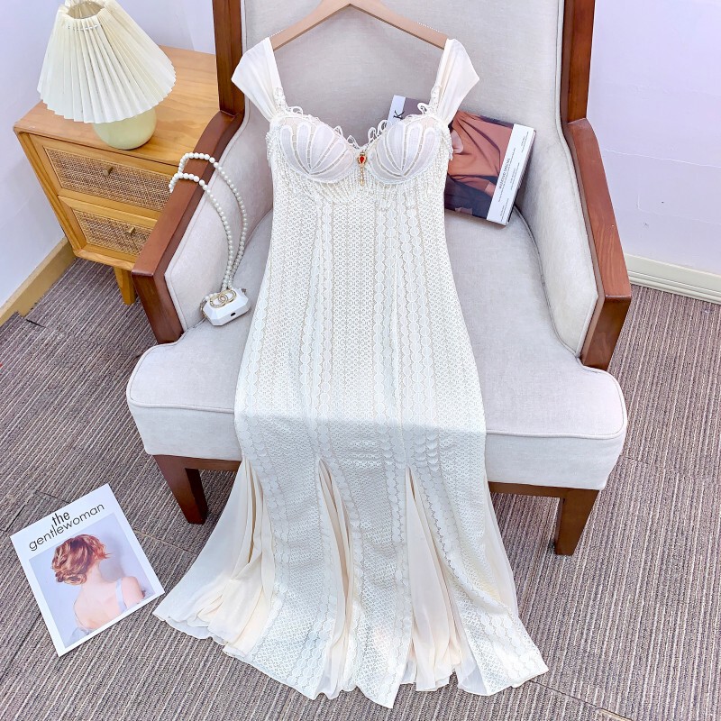 Đầm dây ôm body phối ren gợi cảm dáng cá tính — Màu trắng kiểu ngắn, Màu trắng dáng dài