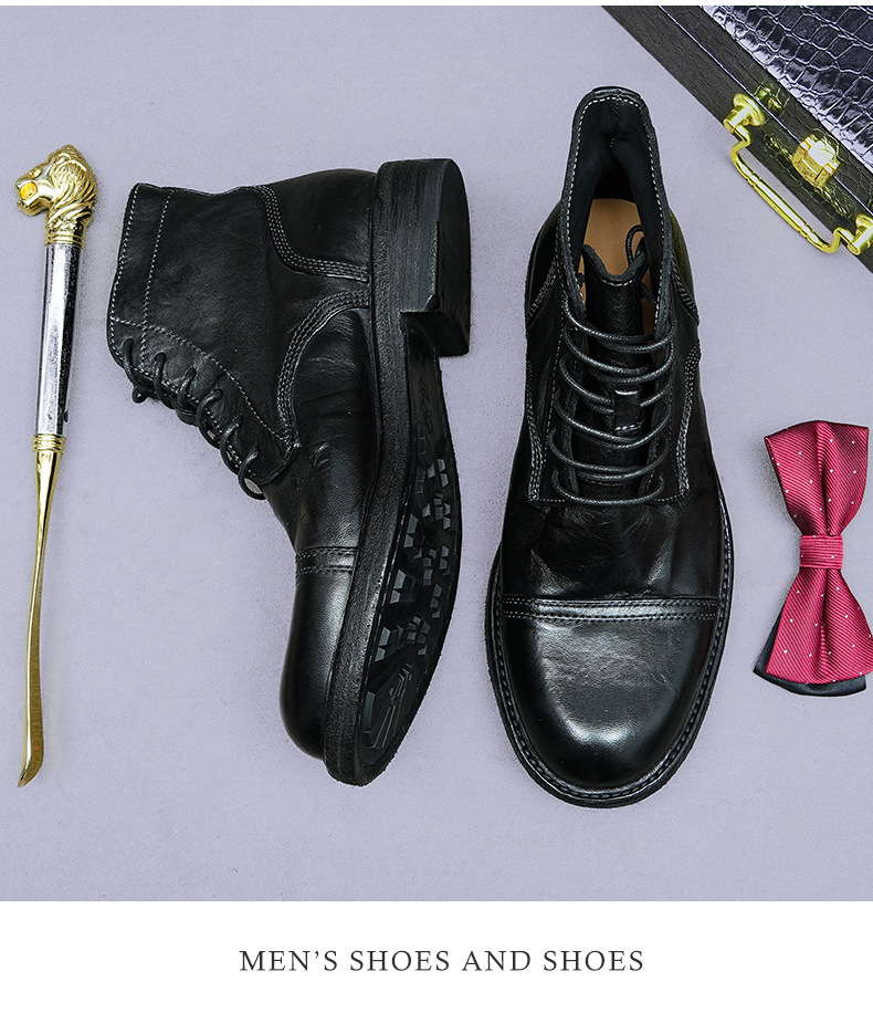 Giày boot nam da ngựa cổ cao mũi tròn đế khâu Goodyear thủ công — Màu đen, Màu cà phê