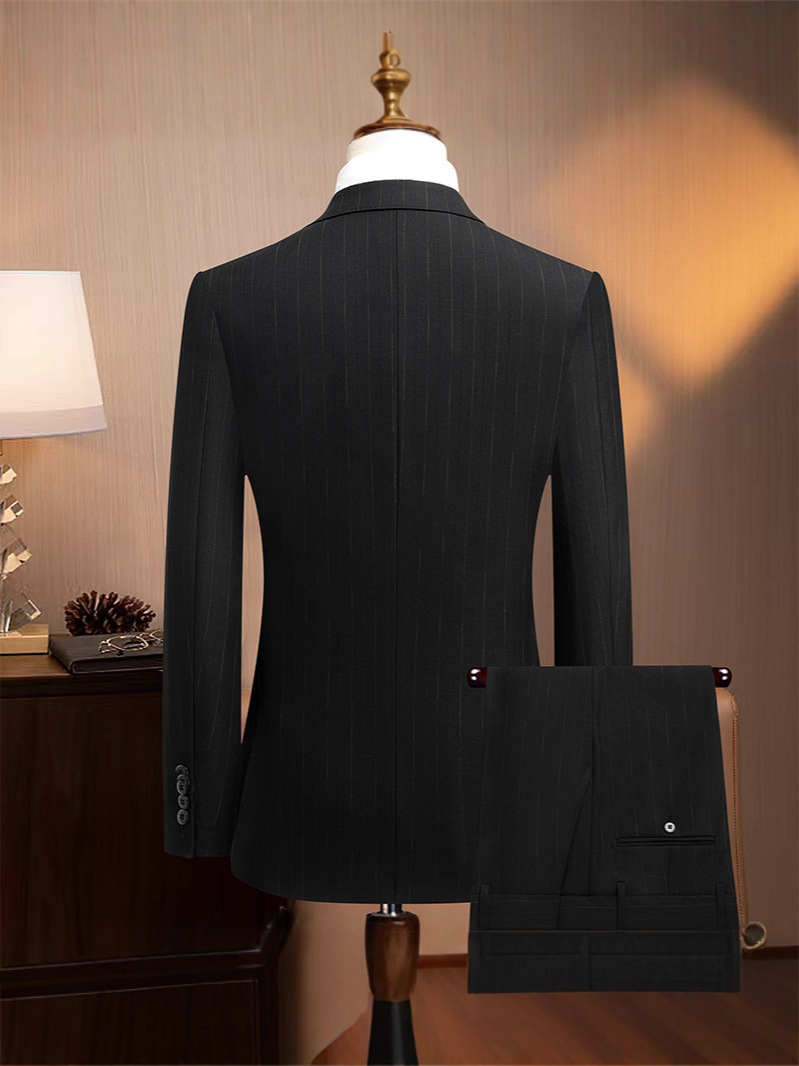 Bộ vest nam ba mảnh ve nhọn hai hàng khuy dáng ôm — Sọc đen quý ông (áo + quần), Sọc đen quý ông (áo + vest + quần)